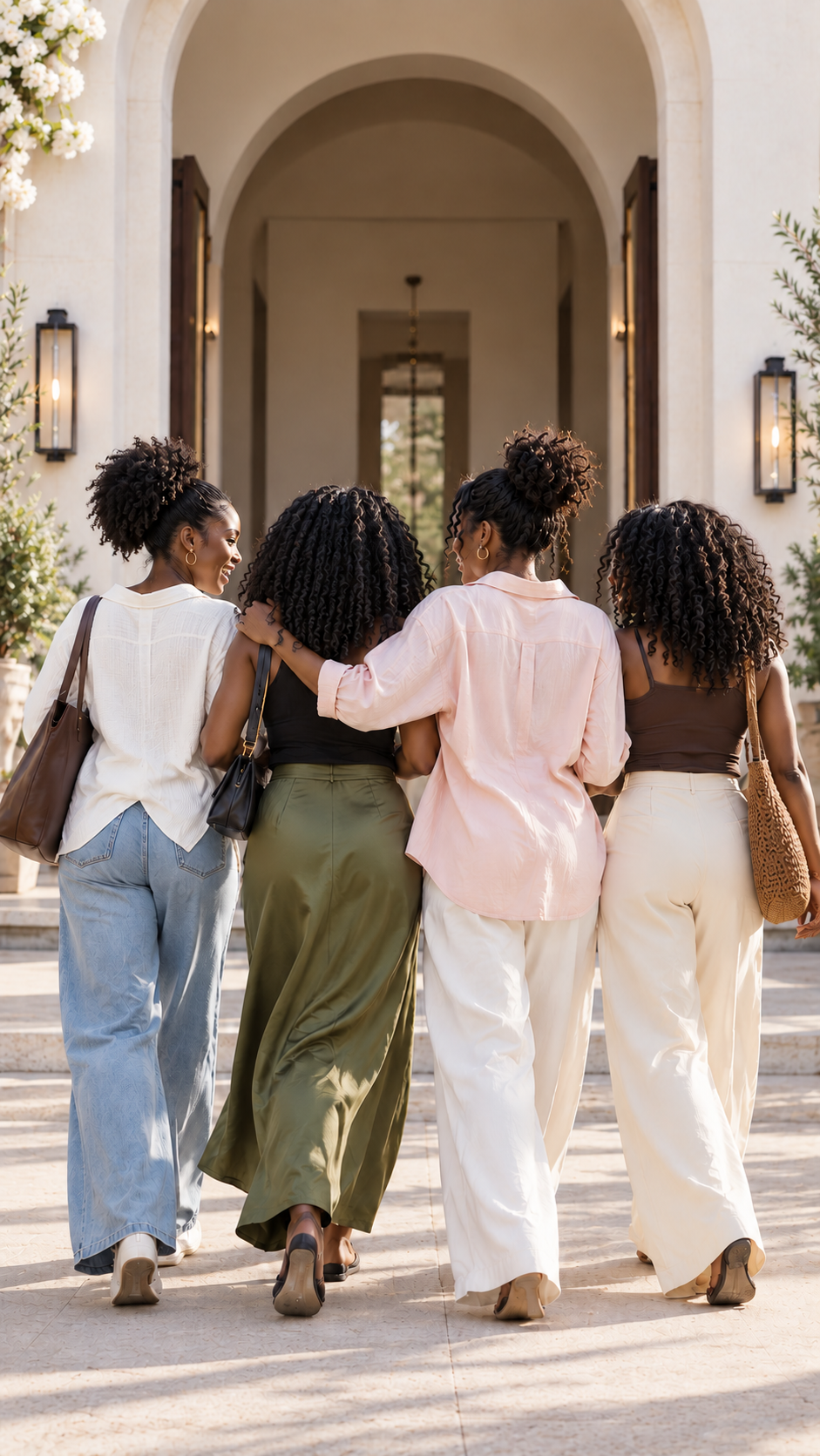 Four Black women walking together in a sunlit courtyard